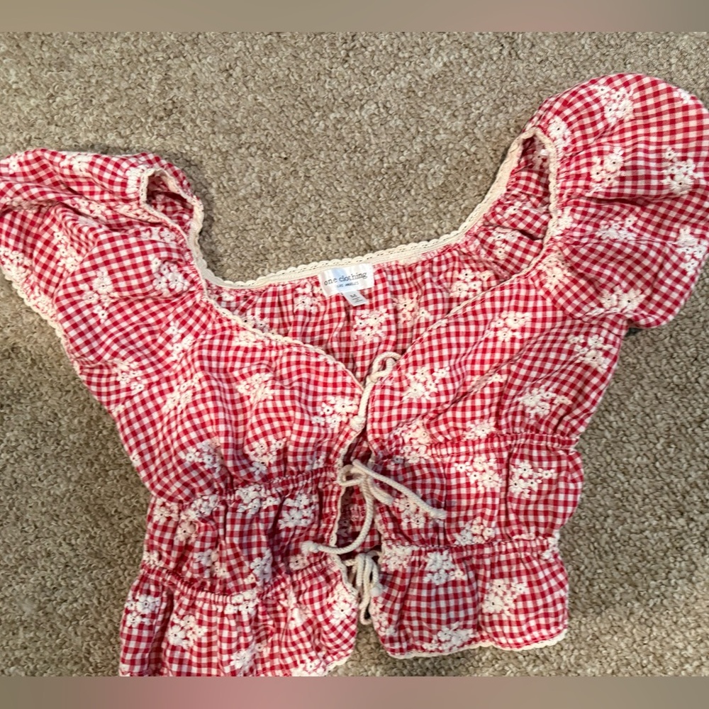 Red Gingham Floral Crop Top with Drawstring closure